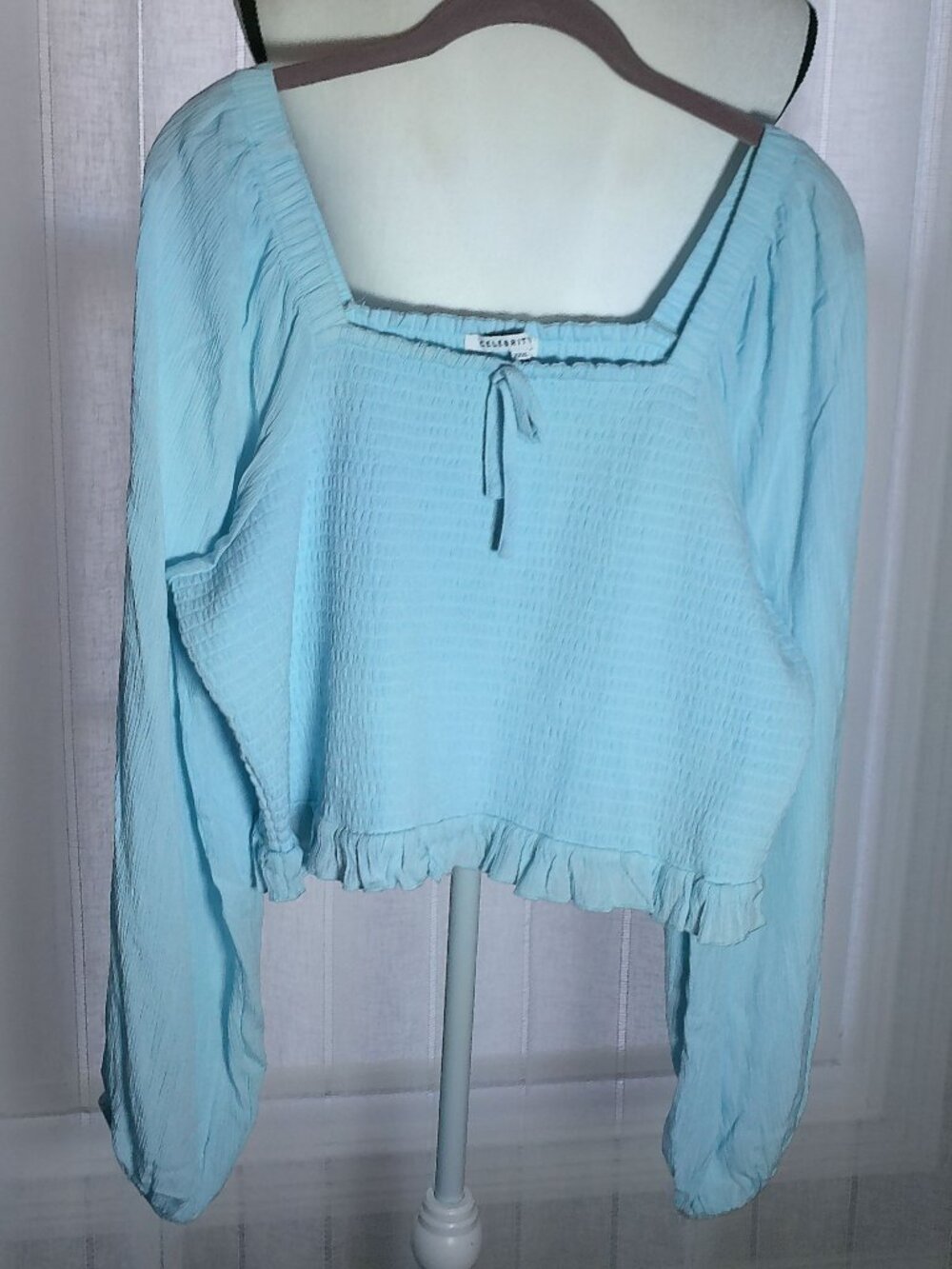 CELEBRITY PINK Blouse Cropped Square Neck Smocked Chest Light Blue NWOT XXXL